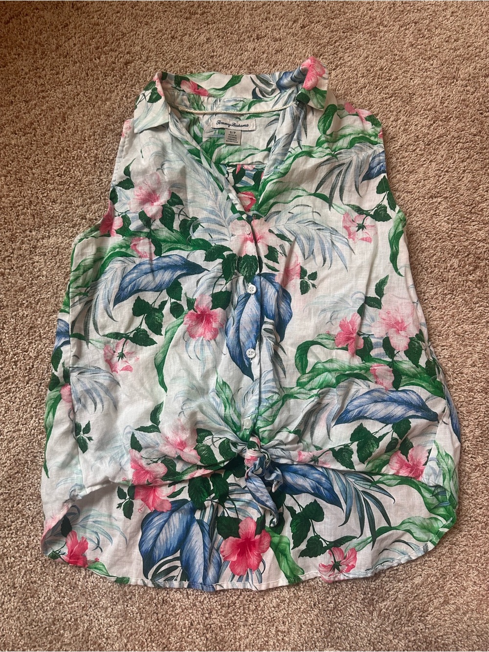 Tommy Bahama Womens Small 100% Linen Tropical Floral Sleeveless Tie Front Top